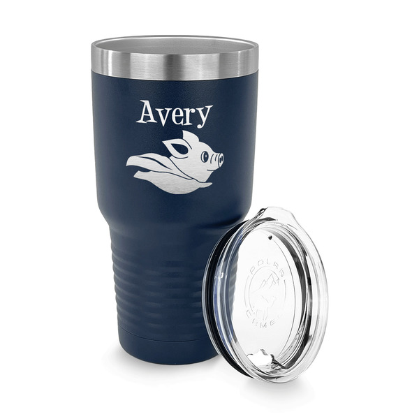 Flying Pigs 30 oz Stainless Steel Ringneck Tumblers - Navy - LID OFF