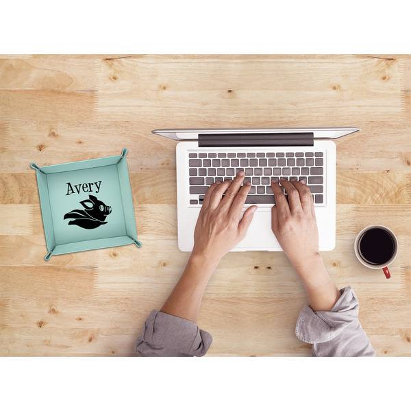 Flying Pigs 6" x 6" Teal Leatherette Snap Up Tray - LIFESTYLE