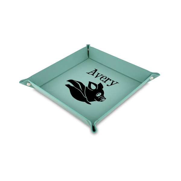 Custom Flying Pigs 6" x 6" Teal Faux Leather Valet Tray (Personalized)