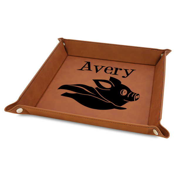 Custom Flying Pigs 9" x 9" Leather Valet Tray w/ Name and Initial