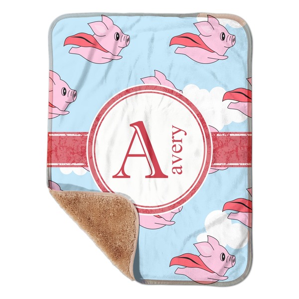 Custom Flying Pigs Sherpa Baby Blanket - 30" x 40" w/ Name and Initial