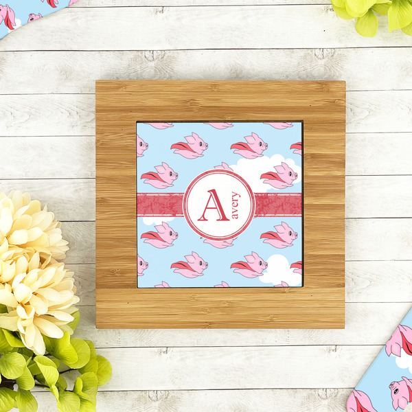 Flying Pigs Bamboo Trivet with 6" Tile - LIFESTYLE