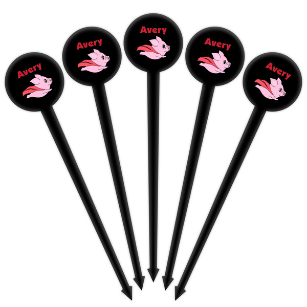 Flying Pigs Black Plastic 4" Food Pick - Round - Fan View