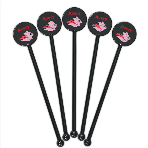 Flying Pigs Black Plastic 5.5" Stir Stick - Round - Fan View