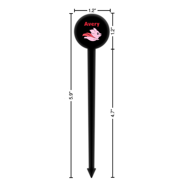 Flying Pigs Black Plastic 6" Food Pick - Round - Dimensions