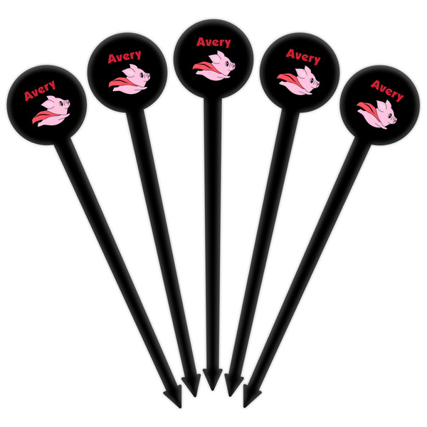 Flying Pigs Black Plastic 6" Food Pick - Round - Fan View