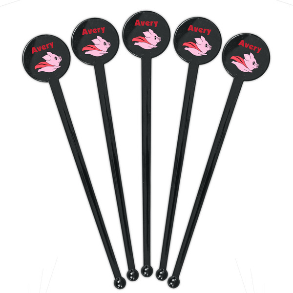 Flying Pigs Black Plastic 7" Stir Stick - Round - Fan View