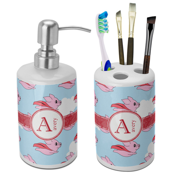 Custom Flying Pigs Ceramic Bathroom Accessories Set (Personalized)