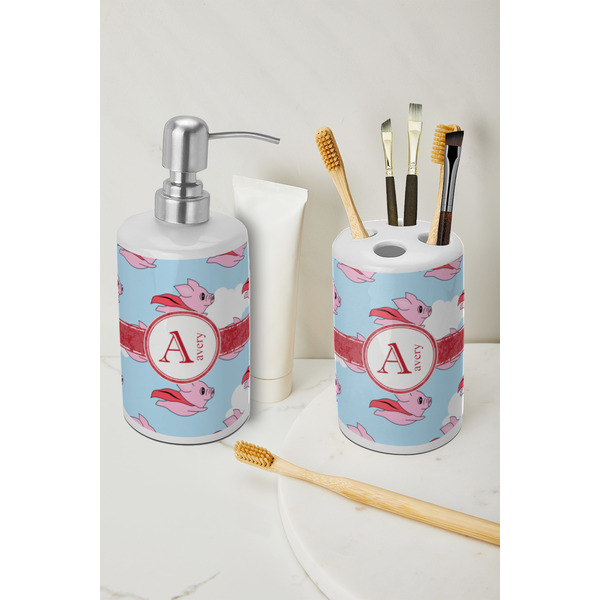 Flying Pigs Ceramic Bathroom Accessories - LIFESTYLE (toothbrush holder & soap dispenser)