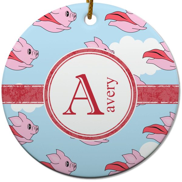 Custom Flying Pigs Round Ceramic Ornament w/ Name and Initial