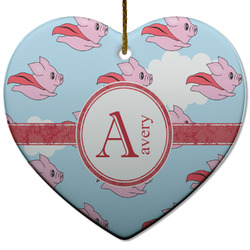 Flying Pigs Heart Ceramic Ornament w/ Name and Initial