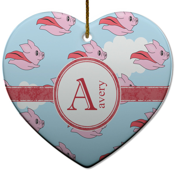 Custom Flying Pigs Heart Ceramic Ornament w/ Name and Initial
