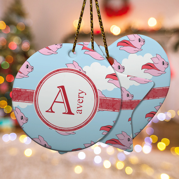 Custom Flying Pigs Ceramic Ornament w/ Name and Initial