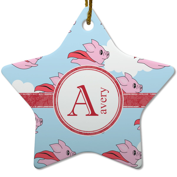 Custom Flying Pigs Star Ceramic Ornament w/ Name and Initial