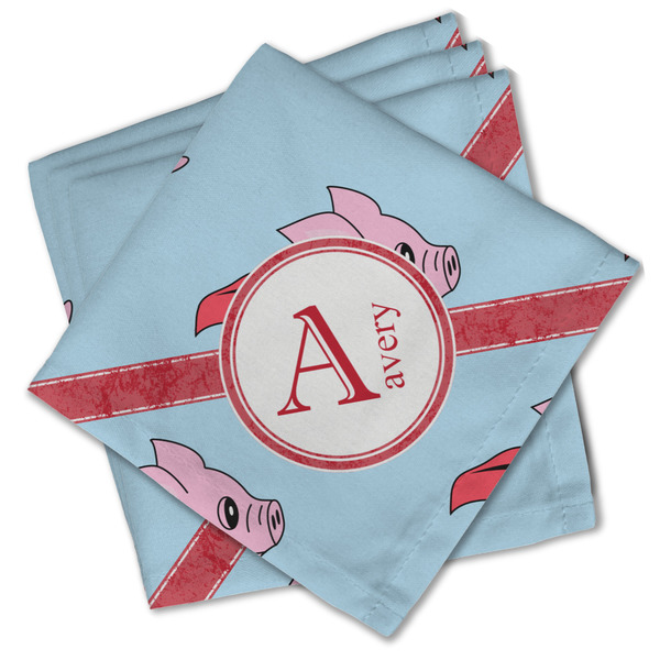 Custom Flying Pigs Cloth Cocktail Napkins - Set of 4 w/ Name and Initial