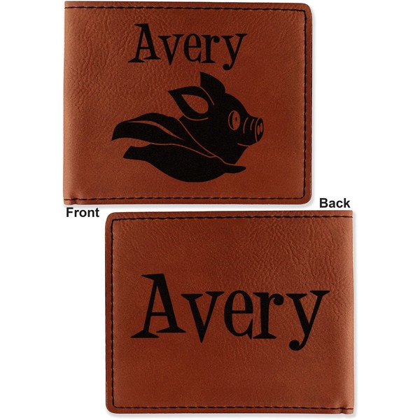 Flying Pigs Cognac Leatherette Bifold Wallets - Front and Back