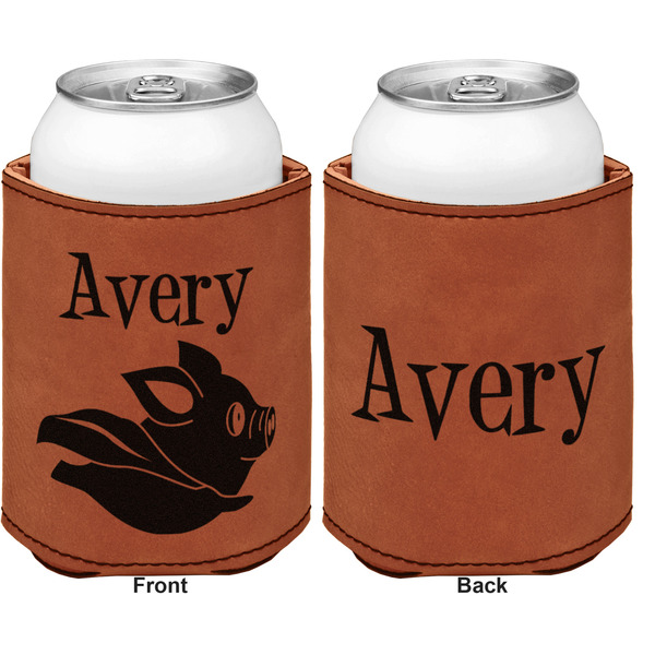 Flying Pigs Cognac Leatherette Can Sleeve - Double Sided Front and Back