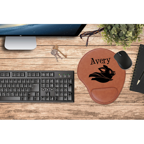 Flying Pigs Cognac Leatherette Mousepad with Wrist Support - Lifestyle Image