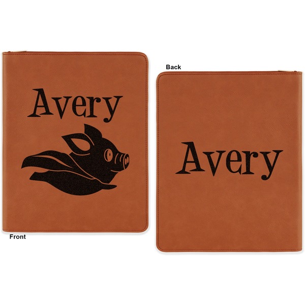 Flying Pigs Cognac Leatherette Zipper Portfolios with Notepad - Double Sided - Apvl