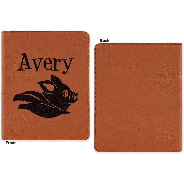 Flying Pigs Cognac Leatherette Zipper Portfolios with Notepad - Single Sided - Apvl