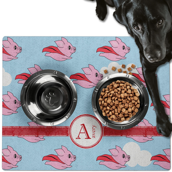 Custom Flying Pigs Dog Food Mat - Large w/ Name and Initial
