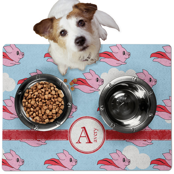 Custom Flying Pigs Dog Food Mat - Medium w/ Name and Initial
