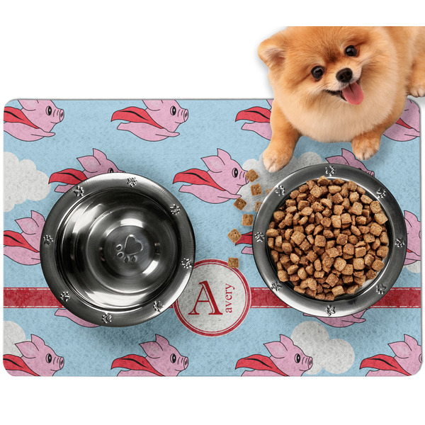 Custom Flying Pigs Dog Food Mat - Small w/ Name and Initial