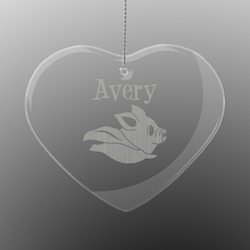 Flying Pigs Engraved Glass Ornament - Heart (Personalized)
