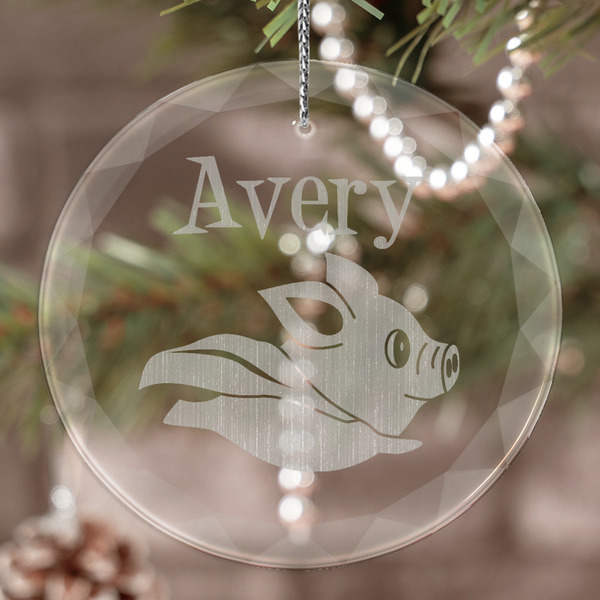 Custom Flying Pigs Engraved Glass Ornament (Personalized)