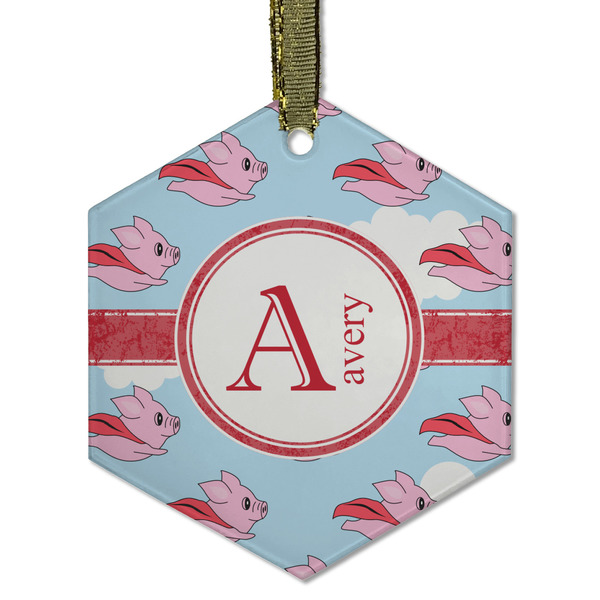 Custom Flying Pigs Flat Glass Ornament - Hexagon w/ Name and Initial