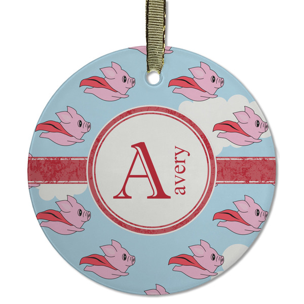 Custom Flying Pigs Flat Glass Ornament - Round w/ Name and Initial