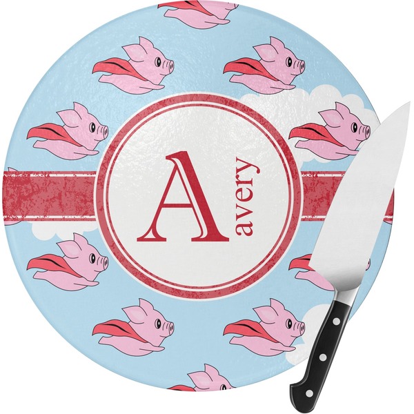 Custom Flying Pigs Round Glass Cutting Board - Medium (Personalized)