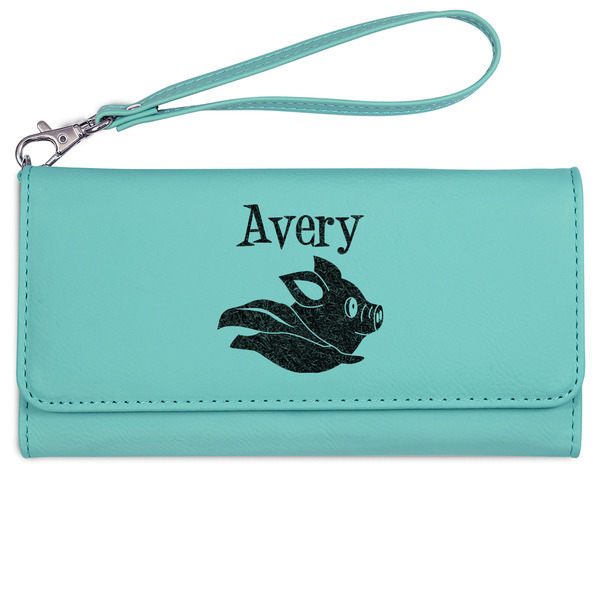Custom Flying Pigs Ladies Leatherette Wallet - Laser Engraved- Teal (Personalized)