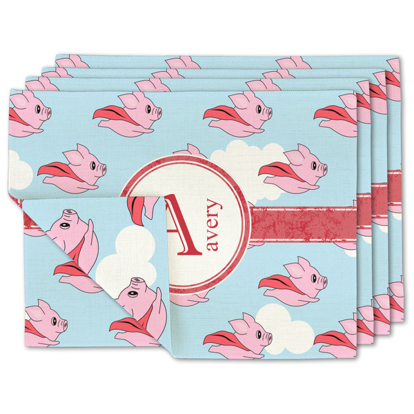Custom Flying Pigs Double-Sided Linen Placemat - Set of 4 w/ Name and Initial