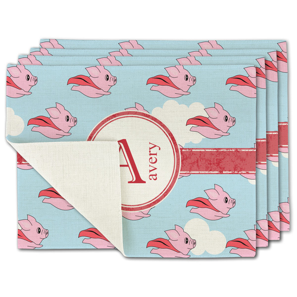 Custom Flying Pigs Single-Sided Linen Placemat - Set of 4 w/ Name and Initial