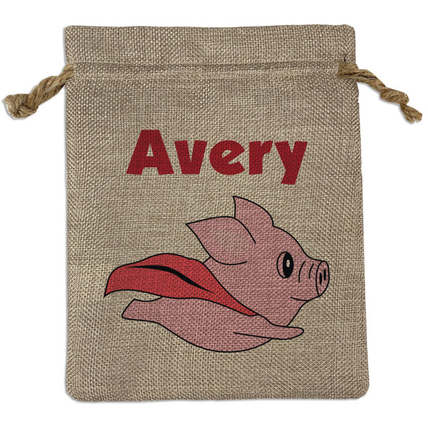 Custom Flying Pigs Medium Burlap Gift Bag - Front (Personalized)