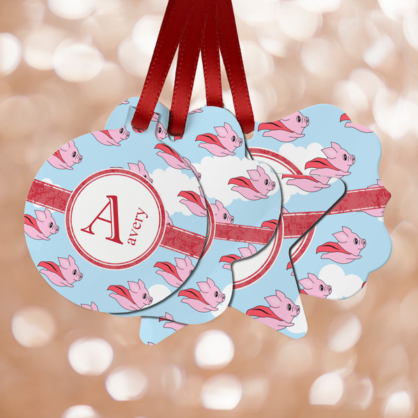 Custom Flying Pigs Metal Ornaments - Double Sided w/ Name and Initial