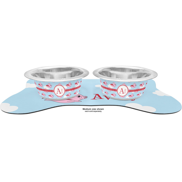 Flying Pigs Metal Pet Bowls - On Dog Bone Shaped Mat
