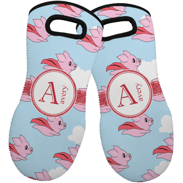 Custom Flying Pigs Neoprene Oven Mitts - Set of 2 w/ Name and Initial