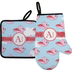 Flying Pigs Right Oven Mitt & Pot Holder Set w/ Name and Initial