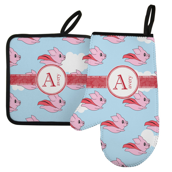 Custom Flying Pigs Left Oven Mitt & Pot Holder Set w/ Name and Initial