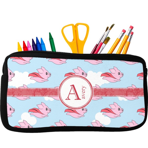 Custom Flying Pigs Neoprene Pencil Case - Small w/ Name and Initial