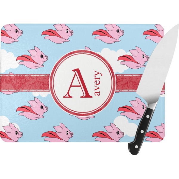 Custom Flying Pigs Rectangular Glass Cutting Board - Large - 15.25"x11.25" w/ Name and Initial