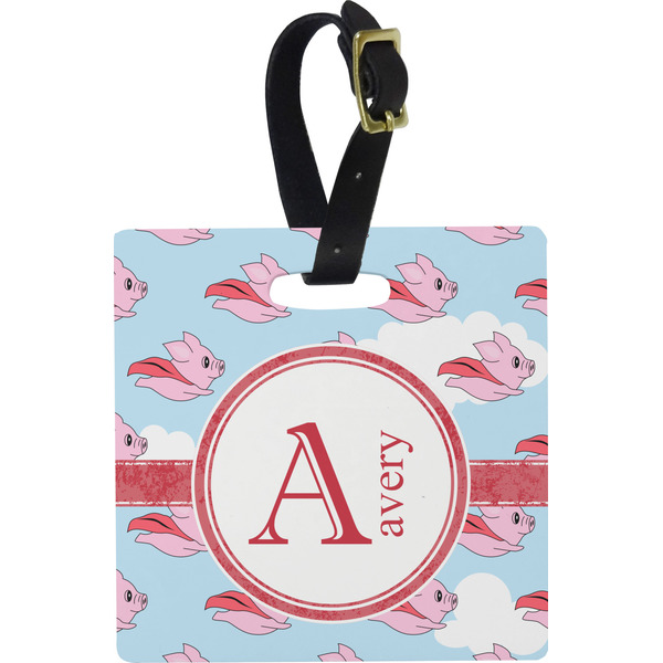 Custom Flying Pigs Plastic Luggage Tag - Square w/ Name and Initial