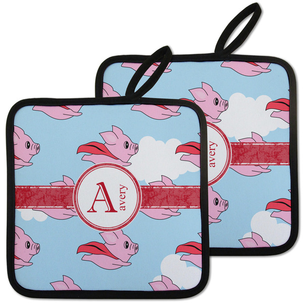 Custom Flying Pigs Pot Holders - Set of 2 w/ Name and Initial