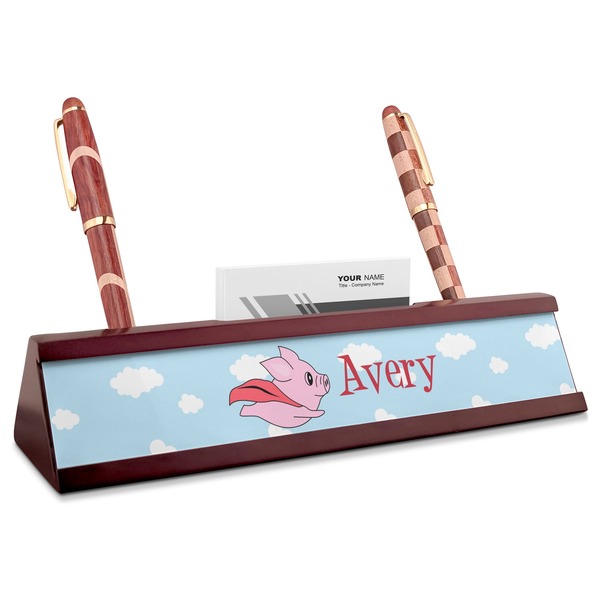 Custom Flying Pigs Red Mahogany Nameplate with Business Card Holder (Personalized)