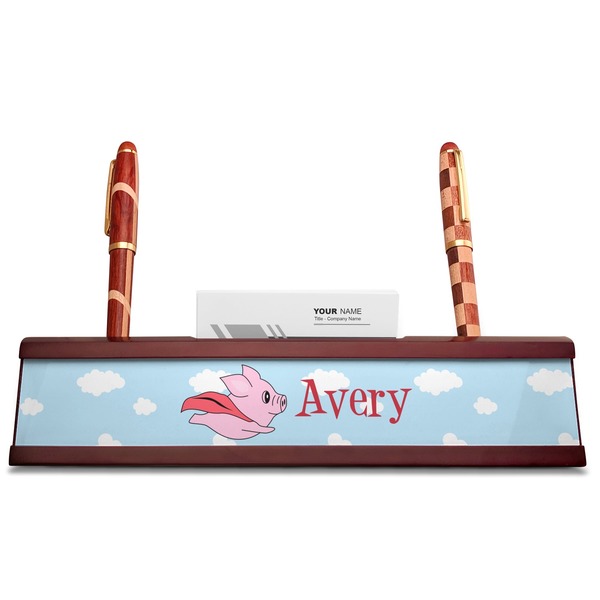 Flying Pigs Red Mahogany Nameplates with Business Card Holder - Straight