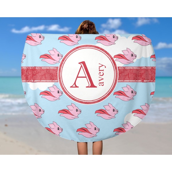 Flying Pigs Round Beach Towel - In Use