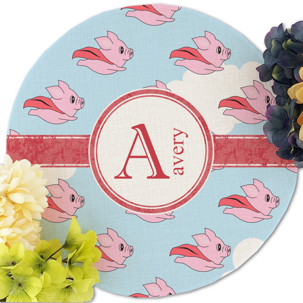 Flying Pigs Round Linen Placemats - Front (w flowers)