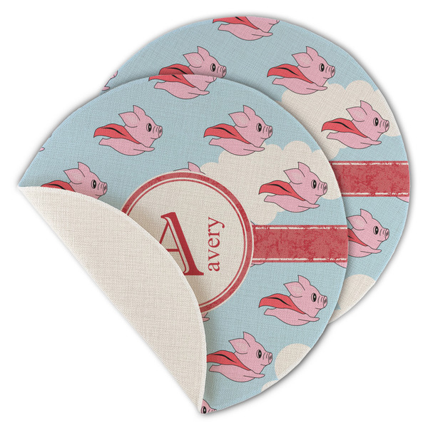 Custom Flying Pigs Round Linen Placemat - Single Sided - Set of 4 (Personalized)
